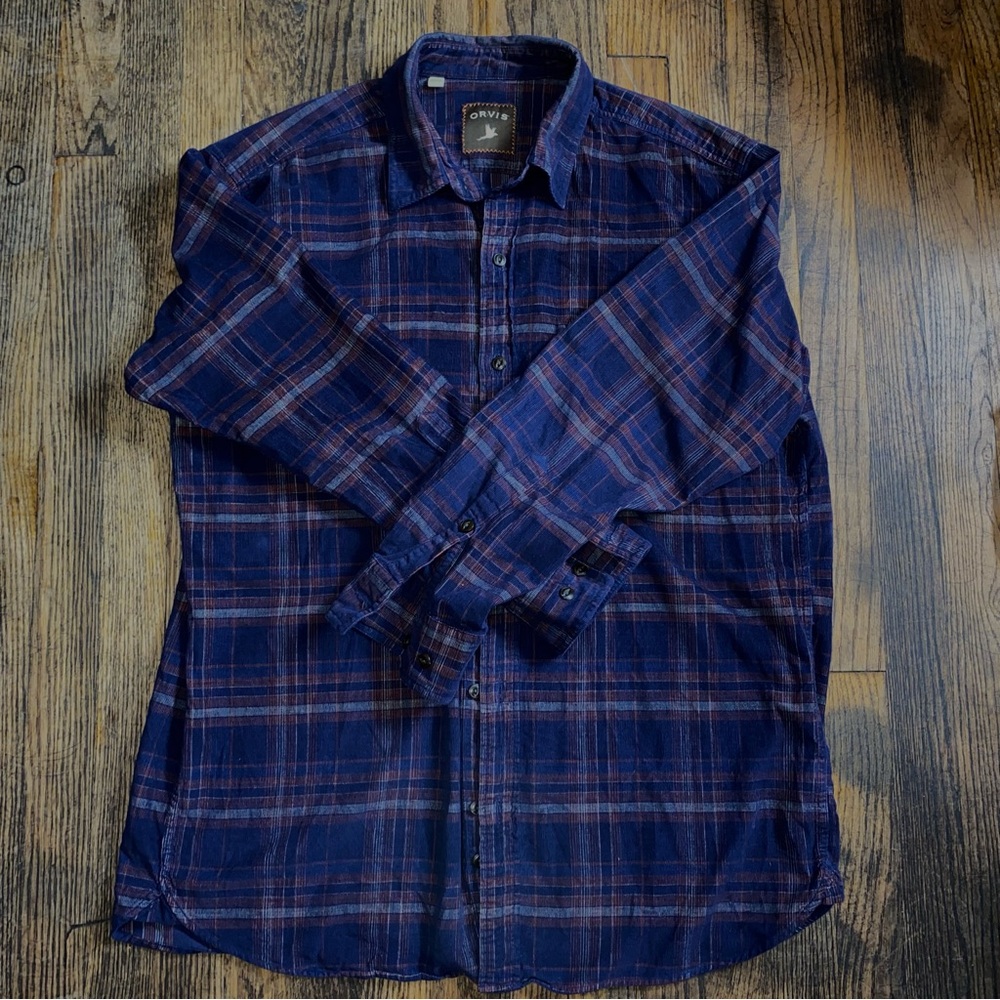 Orvis Flannel Mens Large Lodge Plaid Blue & Orange Hunting, Fishing or Casual